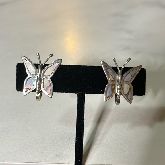 TAXCO Mexico RM Sterling Silver Abalone Inlay Butterfly Screw Back Earrings 925 - Picture 10 of 14
